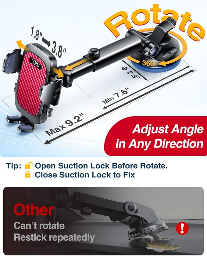 YRU True Military-Grade [360° Rotation Suction] 2026 Ultimate Car Phone Holder Mount【90+LBS Safest Strongest & Patent Certs】 Dash Windshield for iPhone 17 16 Pro Max Speakerphones, Red