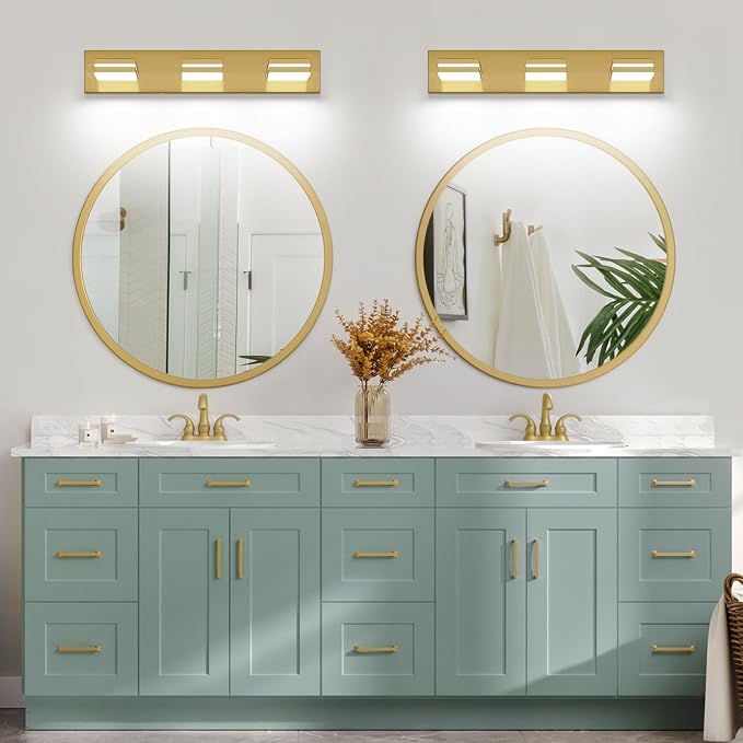 SineRise LED Modern Bathroom Vanity Light Fixtures (3-Light, 24-Inch), Brass Modern Acrylic Bathroom Wall Lighting Fixtures Over Mirror (Cool White 6000K)