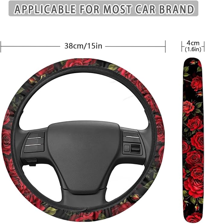 AFPANQZ 14-15 in Car Steering Wheel Cover Stretch-on Comfortable Grip | Universal Fit Most Car Sedans SUVs, Red Rose Print, Breathable Steering Wheel Protector