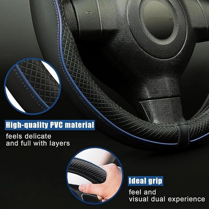 LABBYWAY Microfiber Leather Steering Wheel Cover, Universal 14.5-15 Inch Steering Wheel Anti Slip Car Interior Accessories for Men Women (Black with Blue Line)