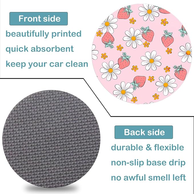 Car Cup Holder Coasters, 2 Pack – 2.75" Universal Auto Anti-Slip Insert Coaster, Rubber Car Coasters, Personalized Car Accessories for Women (Pink Strawberry)