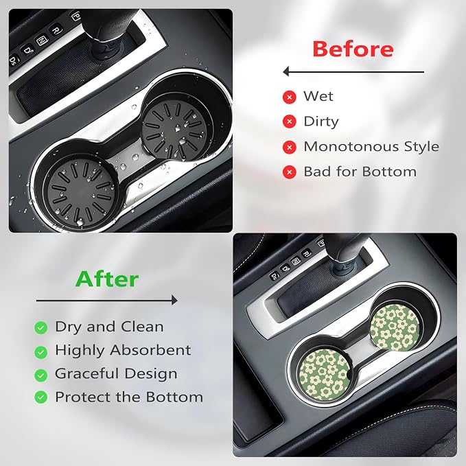 Ceramic Car Cup Coasters 2PCS - Kawaii Flower | with Cork Back & Finger Slot, Anti-Slip Shock Absorbing, Universal Car Interior Accessories for Men Women