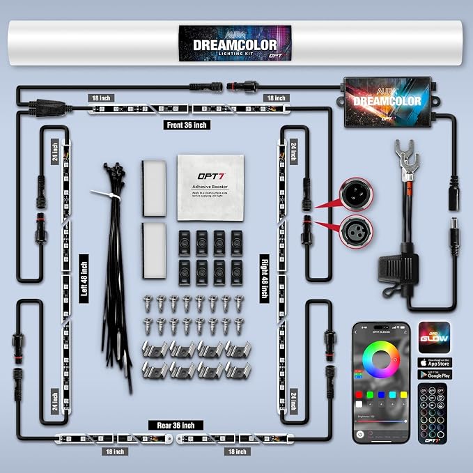 OPT7 Aura DreamColor Underglow Chasing Lights for Truck with APP & Remote | Waterproof Aluminum Frame, RGB-IC LED Bar, Rainbow Ground Effects, Exterior Off Road Accent Lighting, 12V Pickup Accessories