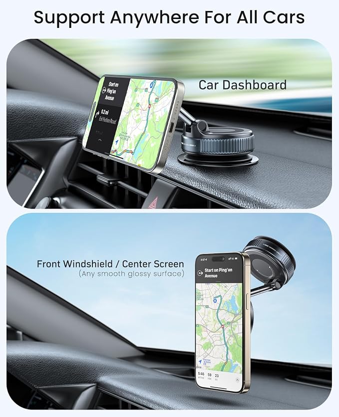 Jononser Magnetic Car Phone Holder for MagSafe, Vacuum Suction Phone Mount with Dashboard Pad for Dashboard & Windshield, Pocket-Size Foldable 360° Adjustable Car Mount for iPhone 17-12 Series