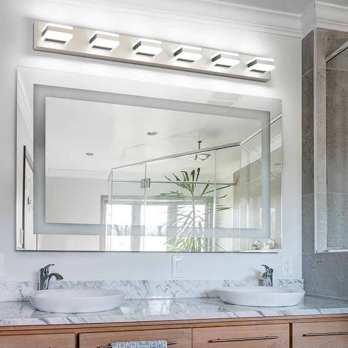 SOLFART LED Modern Bathroom Vanity Lights Over Mirror Fixture Brushed Nickel Vanity Light 6 Light LED Nickel Wall Light ETL Listed