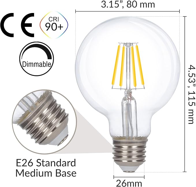Simba Lighting LED Edison Vintage Filament G25 6W 120V E26, 4000K, 3 Pack | Vanity Globe G80 Bulb, Dimmable 60W Equivalent for Bathroom Makeup Mirror, Medium E26 Base, CE and RoHS, Natural White