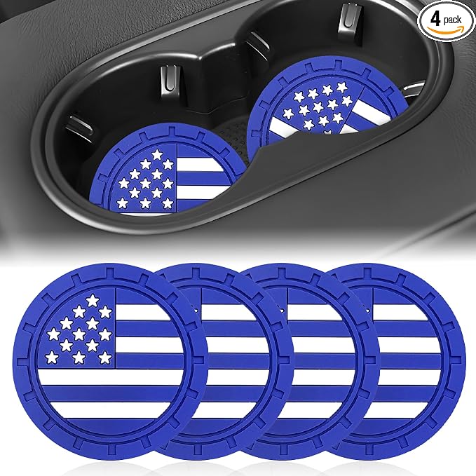 Automotive Universal Car Cup Holder Coasters 4 Pack, Non-Slip Silicone Cup Holder Insert 2.72~2.75 Inch, Anti-Skid Shockproof Drink Mat with Flag Design, Vehicle Interior Accessories Blue