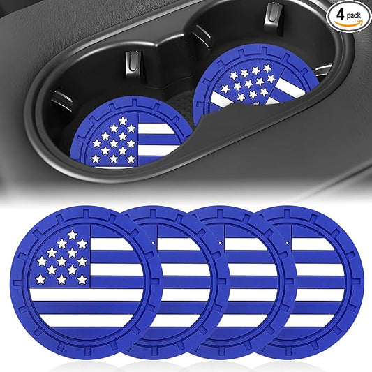 Automotive Universal Car Cup Holder Coasters 4 Pack, Non-Slip Silicone Cup Holder Insert 2.72~2.75 Inch, Anti-Skid Shockproof Drink Mat with Flag Design, Vehicle Interior Accessories Blue