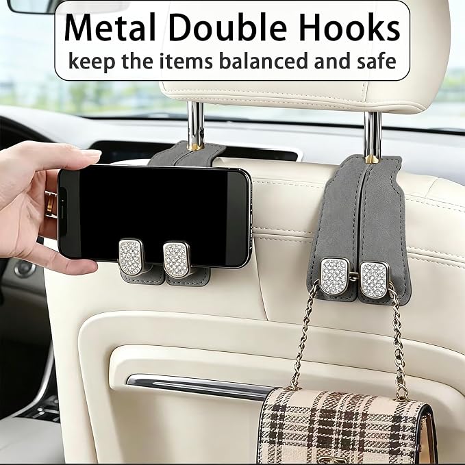 Car Hooks for Headrest: 2Pc Car Seat Back Storage Headrest Hook - Premium Leather Double Metal Hook - Purse Hook For Car Headrest - Car Headrest Hooks for Purses, Handbags, Bags - Grey Diamond