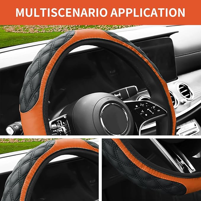 15 Inch Leather Steering Wheel Cover, Automotive Accessories Breathable Anti-Slip Elastic Soft Wheel Protector, Fit for Most SUVs Trucks and RVs (Orange)
