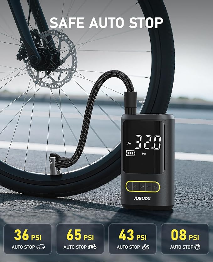 JUSUOX Tire Inflator Portable Air Compressor, Electric Bike Pump with Digital Pressure Gauge, 150 PSI Cordless Air Pump for Car Tires, Motorcycle, Bicycle, Ball with Auto Shutoff, LED Light