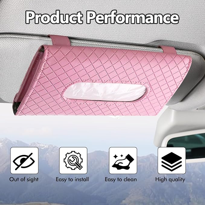 Wuyaoyao Car Tissue Holder, Auto Sun Visor Napkin Holder Mask Holder, Premium PU Leather Car Tissue Holder Visor Tissue Dispenser, Universal Sun Visor Tissue Box for Most Vehicle (Plaid-Pink)