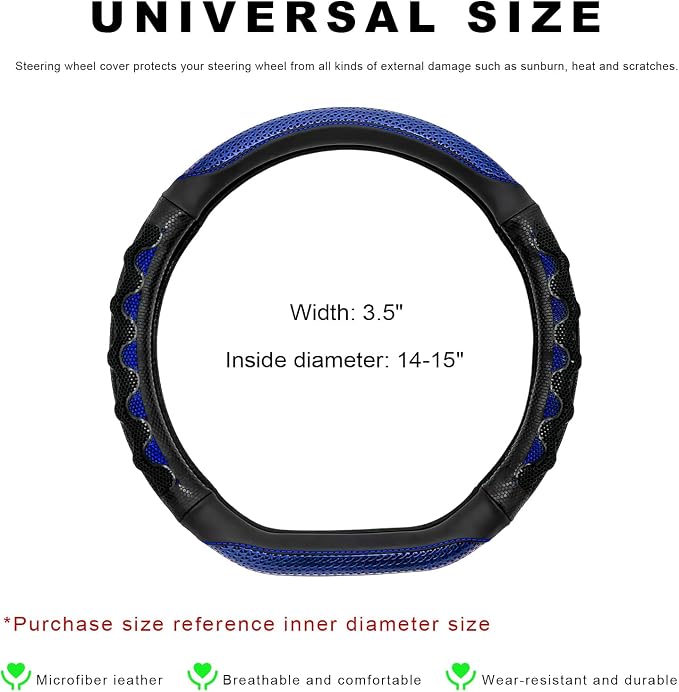 Car Steering Wheel Cover, Anti-Slip Breathable Steering Wheel Protector with 3D Honeycomb Design, Sporty Elastic Protective Cover for 14.5-15 Inch Flat Bottom Steering Wheels (Blue)