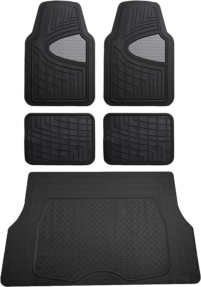 FH Group Premium Liners Tall Channel Trimmable All Weather Rubber Full Set Car Floor Mats (Gray) w. Trimmable All-Season Cargo Liner (Black) - Universal Fit for Cars Trucks and SUVs