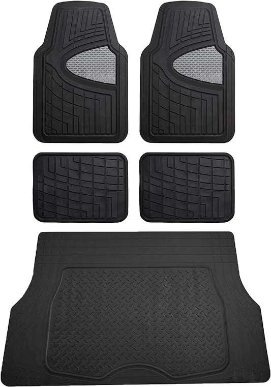 FH Group Premium Liners Tall Channel Trimmable All Weather Rubber Full Set Car Floor Mats (Gray) w. Trimmable All-Season Cargo Liner (Black) - Universal Fit for Cars Trucks and SUVs