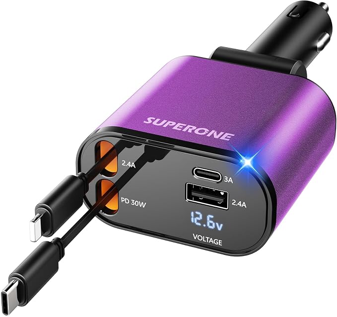 SUPERONE [Upgraded] Retractable Car Charger 4 in 1 Fast Car Phone Charger | USB C and Apple Multi Car Adapter with Cord 2.6ft, Compatible with iPhone 17 16 15/15 Pro Max/14/13/12/11, Galaxy, Pixel