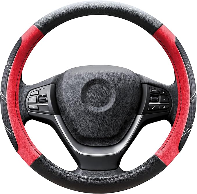 Black and Red Line Punching Car Steering Wheel Cover, Microfiber Leather Sports, 14.5-15 in Universal Leather Wheel Covers, Breathable Fashion Anti-Slip, Steering Wheels Accessories for Men Women
