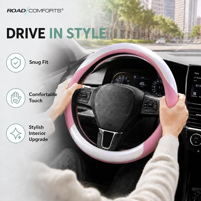 Road Comforts Steering Wheel Cover – Breathable Leather Steering Wheel Cover, Anti-Slip Grip, Universal Fit 14.5” to 15”, Heat & Cold Resistant for Cars, SUVs, and Trucks –Shining White & Pink