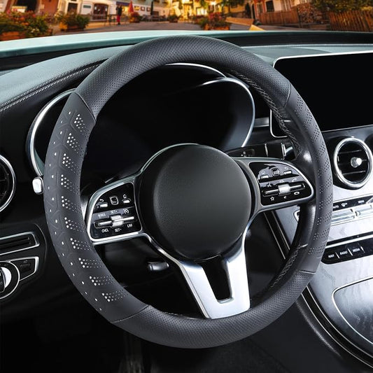 3D Slim Soft 14 inch Leather Steering Wheel Cover Black with White | Breathable Anti-Slip Premium Skin-Feel Perforated Thin Nappa Leather, Small 13.5 inch to 14 inch