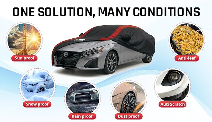 Altima Car Cover Waterproof All Weather with Red Strip Design, Custom Fit for Nissan Altima 2002–2025, Altima Accessory with Door Zipper & Windproof Straps
