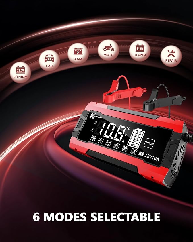 12V 10A Smart Battery Charger for Car and Motorcycle Battery Maintainer & Trickle Charger with Pulse Repair LCD Display Temperature Compensation for AGM Gel SLA Deep Cycle Lead Acid Batteries