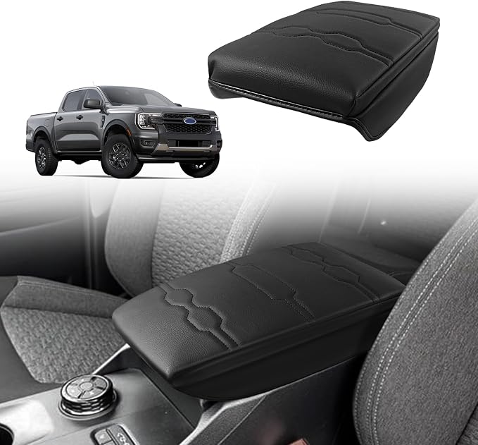 Muslogy Center Console Armrest Cover Fit for Ford Ranger 2024 2025 2026 Accessories, Comfort Armrest Pad Console Lid Cushion Vegan Leather 1-Inch Extra Thick(Black/Black Trim)
