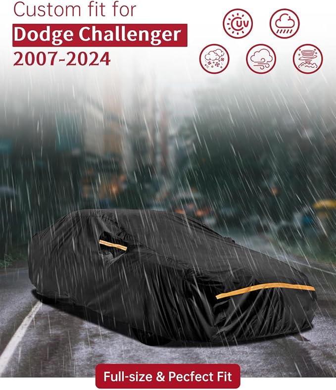 Car Cover for Dodge Challenger 2007-2025 | Heavy Duty Outdoor Full Exterior Cover | Sun, Rain, UV, Dust, and Snow Protection with Door Zipper (Black)