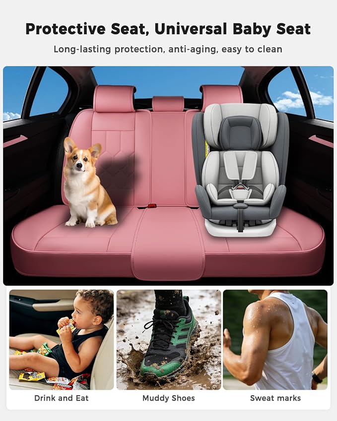 Huidasource Seat Covers Full Set, Universal Fit for Cars SUVs Trucks, Pink | Full Coverage Leather Car Seat Cover, Airbag, Cupholder Compatible, Seat Function Retain, Velcro Adjustable
