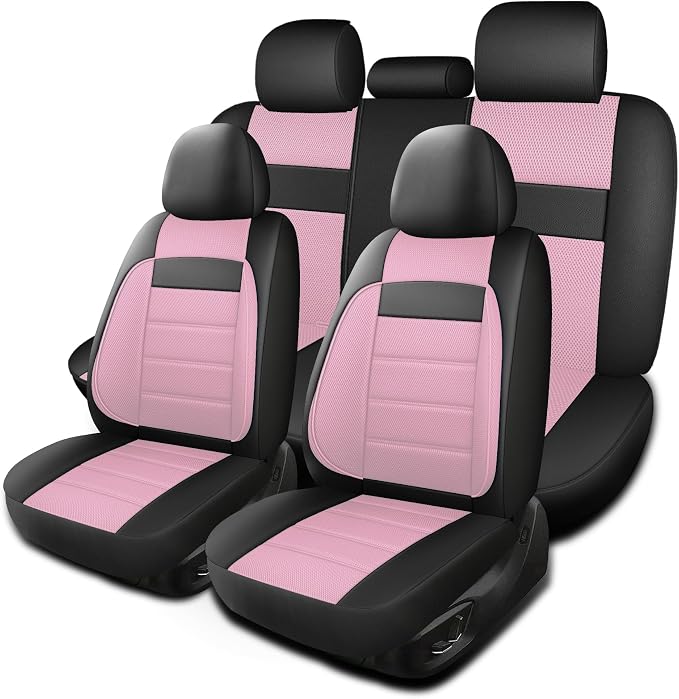 HChengkikz Car Seat Covers, Leather, 3D Foam Back Support (Black + Pink) | Air Mesh, Airbag Compatible, Universal Fit for Most Cars, Vans, Trucks, SUVs