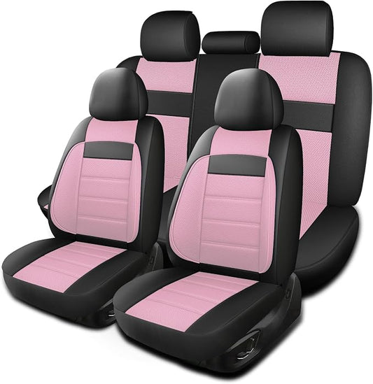 HChengkikz Car Seat Covers, Leather, 3D Foam Back Support (Black + Pink) | Air Mesh, Airbag Compatible, Universal Fit for Most Cars, Vans, Trucks, SUVs