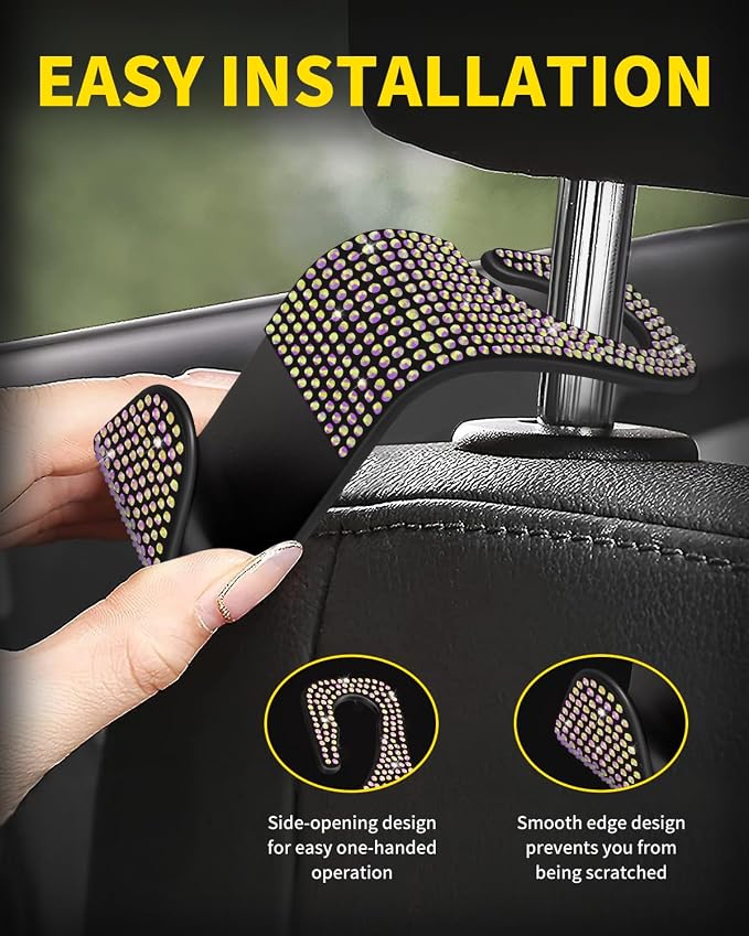 4 Pack Blink Diamond Car Seat Headrest Hooks Crystal Rhinestone Car Purse Holder Universal Car Interior Accessories for Handbags Water Bottles Purse Coats Umbrellas, Colorful
