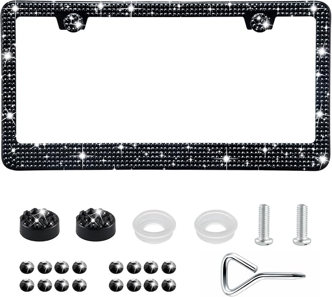GaRhomxy Bling License Plate Frames for Women, 1 Pack Handcrafted Sparkly Rhinestone Car Accessories, Premium Stainless Steel Frame with 1000+ Faceted Glass Crystals & Free Glitter Caps (Black)