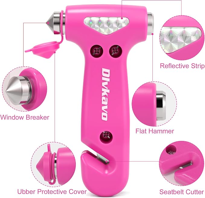 Car Safety Hammer, 3 in 1 Emergency Escape Tool with Window Breaker and Seat Belt Cutter, Window Glass Hammer, Road Trip Essential and Must Haves (Pink and Black)