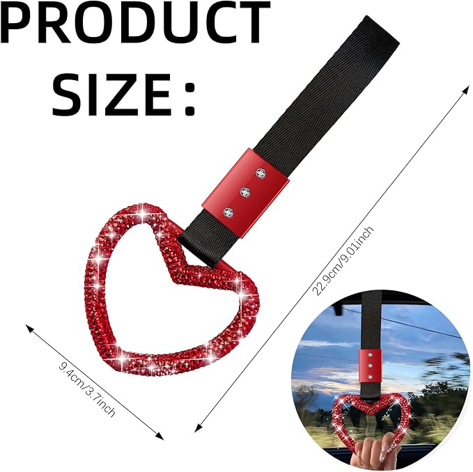 NBTEPEM Bling Heart Handle Ring Bling Car Accessories for Women Handle Strap Drift Charm Rear Bumper Warning Ring Tsurikawa Heart Decor for Car Interior Exterior Decoration (Red, Heart Style)