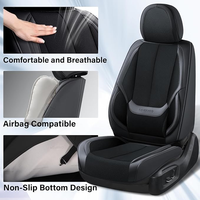 Coverado Front Seat Covers, Waterproof Universal Seat Covers for Cars, Breathable Fabric & Leather Car Seat Protectors, Car Seat Cushions Auto Accessories Fit for Most Sedans SUV Truck, Black