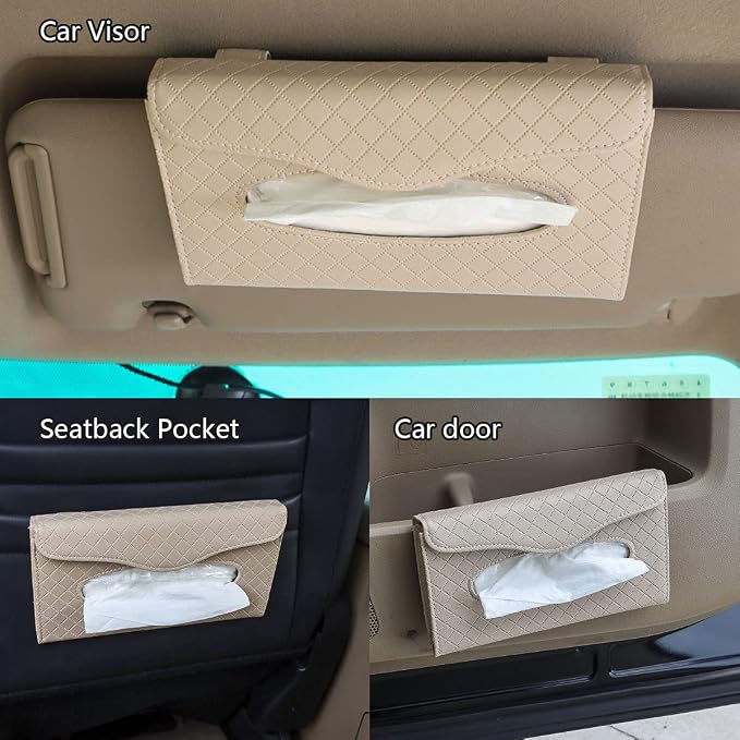 Car Visor Tissue Holder - Sun Visor Napkin Holder Backseat Tissue Case, Premium Leather Tissue Box Car Tissue Holder for Car Sun Visor & Seat Back (Beige, 1 Pack)