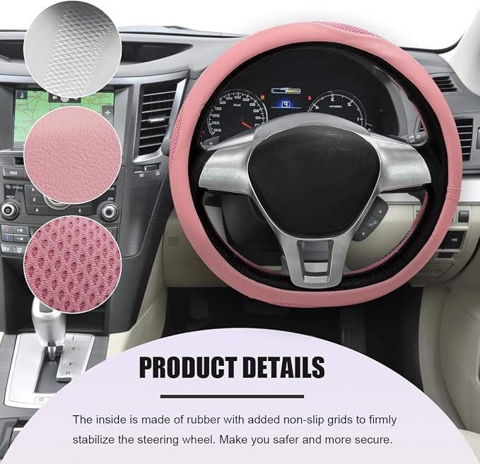 Car Steering Wheel Cover, Leather Breathable Ice Silk Auto Wheel Wrap with Anti-Slip Lining, Scratch-Resistant Elastic Protector Fit for 14.5-15 Inch Steering Wheels (Pink)
