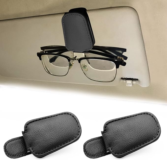 2 Pack Leather Car Visor Sunglass Holder, Magnetic Leather Glasses Eyeglass Hanger Clip for Car, Sunglass Clip Glasses Holder for Car Visor（Black） | Leather Glasses Eyeglass Hanger Clip for Car, Sunglass Clip Glasses Holder for Car Visor