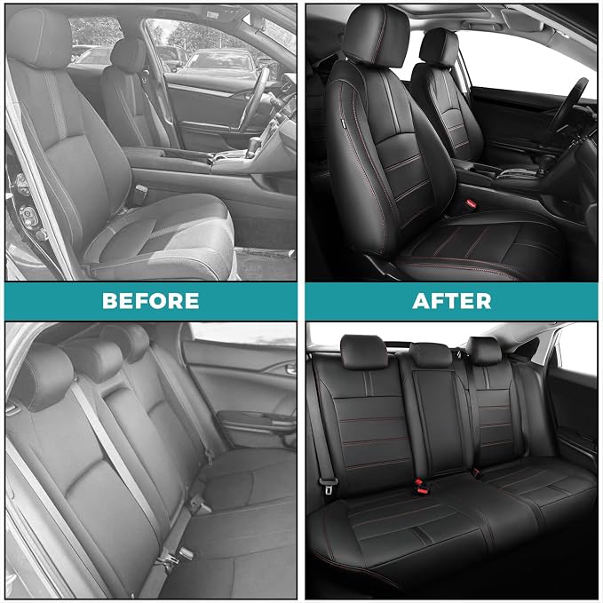 Seat Covers for Honda Civic Hatchback LX, EX, EXL, Sport, Touring, 2016-2021, Faux Leather Car Seats Cover Full Set Seatback Waterproof, Black Red line (60/40 Split Seatback)