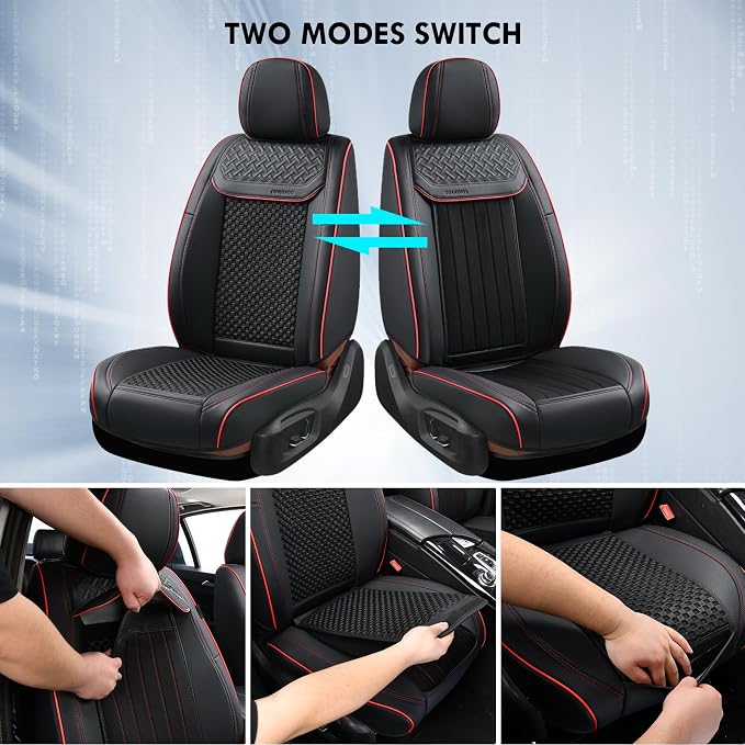 Coverado Leather Seat Covers for Car, Waterproof Car Seat Covers Full Set, 2 in 1 Conversions Car Seat Cover Protector Car Accessories Universal Fit for Most Cars SUVs and Trucks (Black&Red)