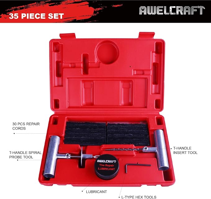 AWELCRAFT 35-Piece Heavy Duty Tire Plug Kit – Professional Flat Tire Repair for Car, Truck, Motorcycle, ATV, SUV – T-Handle Tools, Storage Case – Easy Puncture Repair, No Tire Removal Needed