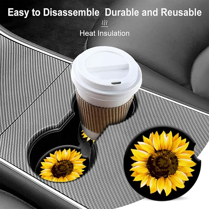 Cup Holder for Car,Elegant Sunflower Close-Up Print Ceramic Coasters Non-Slip Cup Holder Insert with Fingertip Grip, Auto Interior Accessories for Women & Men,Pack of 2, 2.56In