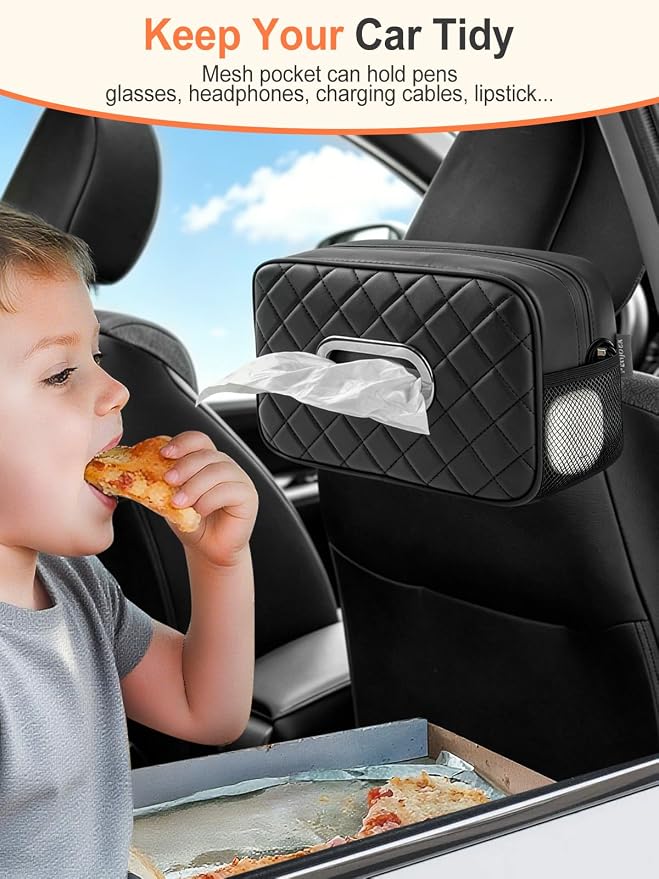 Car Tissue Holder, Diamond-Quilted Stitching Tissue Box Cover with 2 Mesh Storage Pockets, PU Leather Rectangle Napkin Organizer Fit for 90-160 Regular Size Tissues,Black