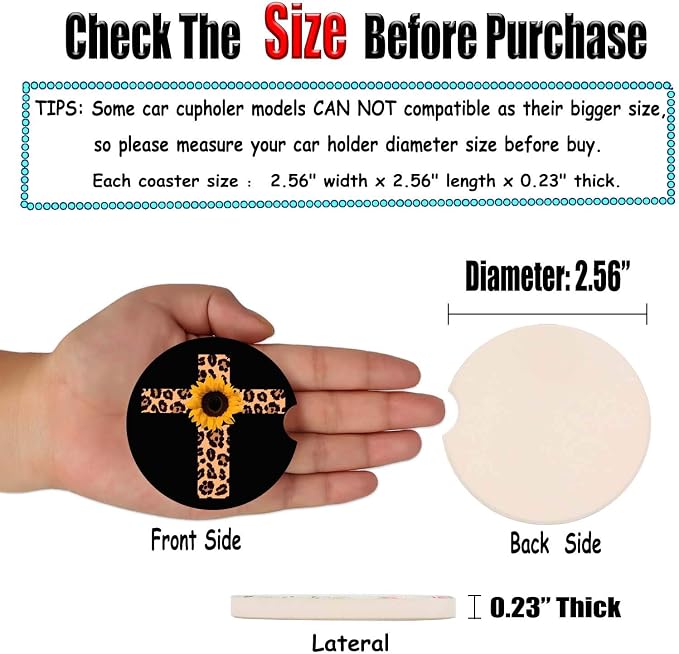Car Coasters 2 Pack, Small 2.56" Absorbent Ceramic Coaster for Car, Keep Cup Holders Clean and Dry, Auto Coasters Set for Women Men Cup Holder, Leopard Print Cross with Sunflower Style Car Coasters