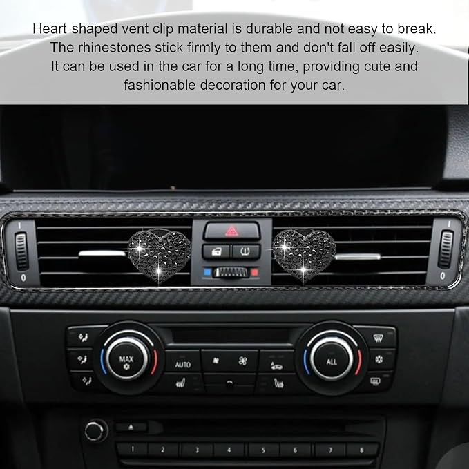 2Pcs Car Air Vent Clip, Bling Crystal Heart Charms Car Air Vent Clips, Car Air Conditioning Outlet Clip Decorative, Car Interior Decoration Accessories Universal for Women and Man (Black)