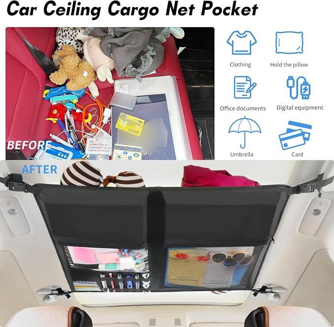Car Ceiling Cargo Net,Double-Layer Mesh Car Roof Storage Organizer,Strengthen Load-Bearing Mesh Net Storage Pocket,Camping Road Trip Essentials Truck SUV Organizer Accessories