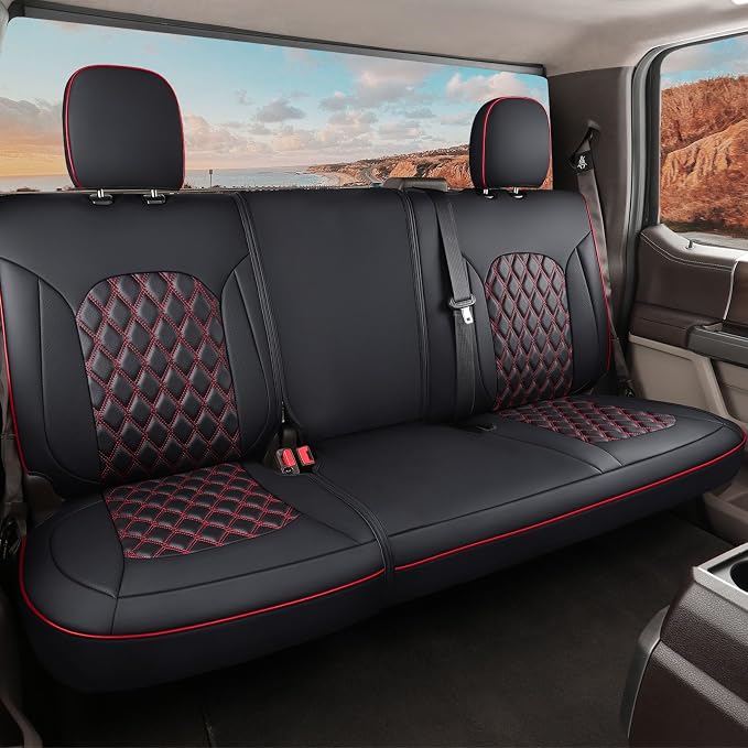 Huidasource Rear Bench Leather Seat Covers Fit for Chevy Silverado GMC Sierra 1500 2007-2013 & 2019-2026, 2500HD 3500HD 2020-2026 Crew Double Extended Cab WT LS LT Custom(Back Row/Black&Red)