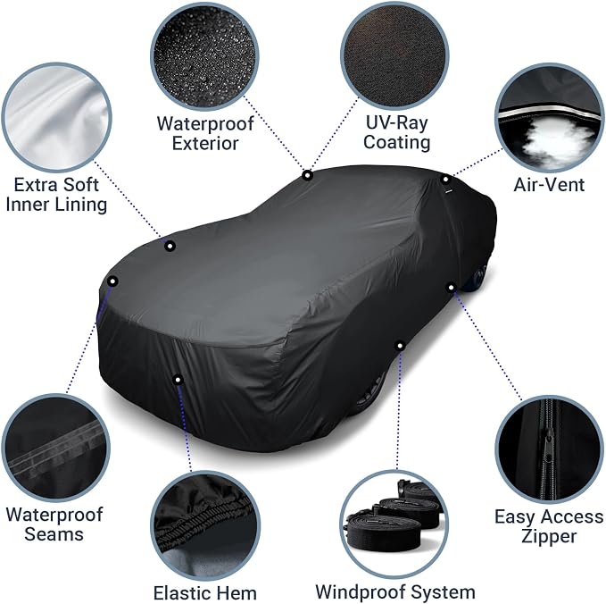 iCarCover 30-Layer Premium Car Cover Waterproof All Weather Rain Snow UV Sun Protection, Chevy El Camino, Bel Air, Chevelle, Pontiac GTO, Fairland, Size C33 (See Size Chart), Sedan/Coupe - Black