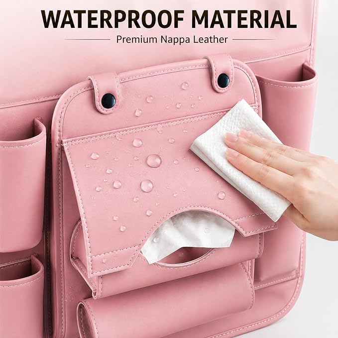 Car Backseat Organizer with Foldable Table Tray, PU Leather Seat Back Organizer with Trash Bin, Tablet Holder, Kick Mat Protector, Back Seat Storage for Cars, Pink