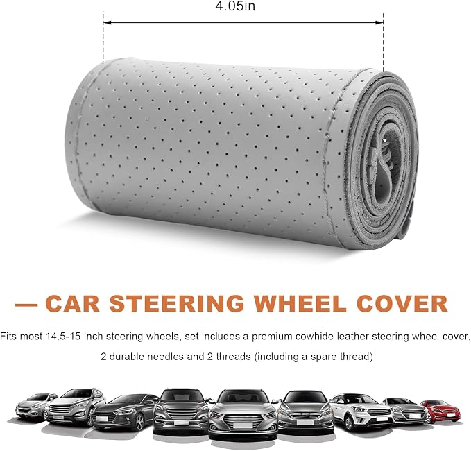 Genuine Leather Steering Wheel Cover, 15 Inch Stitch on Wheel Wrap with Needles & Threads, Breathable Steering Wheel Protector DIY Sewing Wrap for Car Truck SUV (Gray, Full Hole)